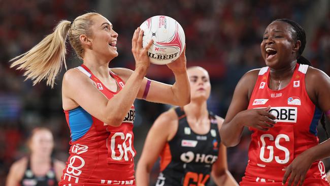 SYDNEY, AUSTRALIA - MAY 19:  Helen Housby of the Swifts handles the ball during the round six Super Netball match between NSW Swifts and Giants Netball at Ken Rosewall Arena, on May 19, 2024, in Sydney, Australia. (Photo by Matt King/Getty Images)