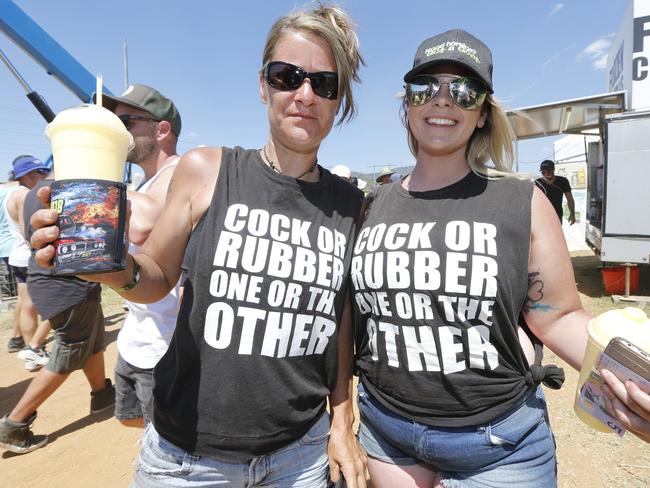 L-R: Melbourne car entusiasts Aroha Laurie (37yrs) and Maddy Tierney (22yrs). The annual Street Machine Summernats Car Festival in Canberra with thousands of car enthusiasts attend the event.Crowd numbers seemed to be considerably down on previous years. Picture: Gary Ramage