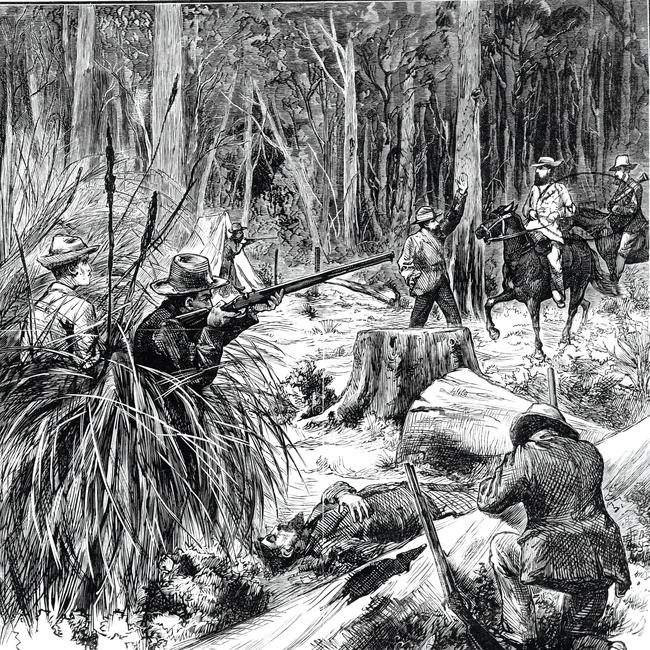 Deadly ambush ... an ilustration of the Kelly Gang cutting down Sergeant Michael Kennedy and Constable Michael Scanlan at Stringybark Creek. State Library of Victoria