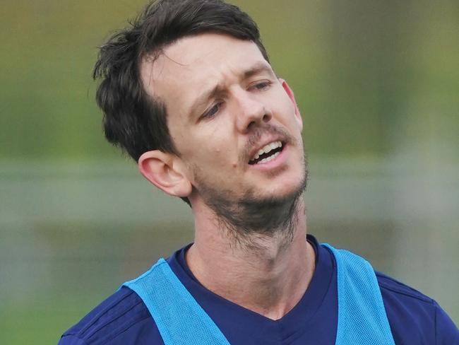 Robbie Kruse reacts during an A-League Melbourne Victory training session at GoschÃ¢â¬â¢s Paddock in Melbourne, Wednesday, June 24, 2020. (AAP Image/Michael Dodge) NO ARCHIVING