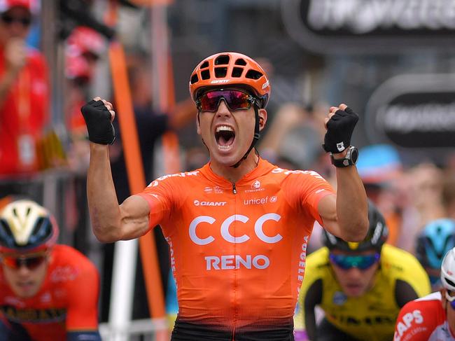 NORWOOD, AUSTRALIA - JANUARY 16: Arrival / Patrick Bevin of New Zealand and CCC Team / Celebration / during the 21st Santos Tour Down Under 2019, Stage 2 a 122,1km stage from Norwood to Angaston / TDU / on January 16, 2019 in Norwood, Australia. (Photo by Tim de Waele/Getty Images)