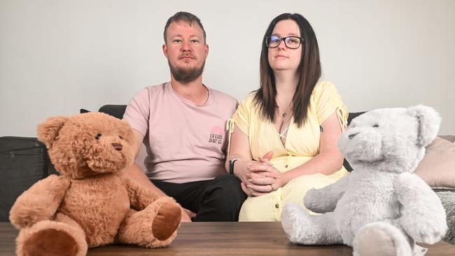 Cassandra and Jake with the teddy bears the hospital gifted each of their children. Picture: Brenton Edwards