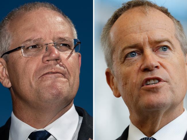 A composite image created on Tuesday, April 2, 2019 of,  Prime Minister Scott Morrison speaks at a press conference in Perth on Thursday, March 28, 2019. (AAP Image/Richard Wainwright) NO ARCHIVING **** Leader of the Opposition Bill Shorten speaks to the media during a visit to Holmesglen TAFE in Melbourne, Wednesday, March 27, 2019. (AAP Image/Erik Anderson) NO ARCHIVING