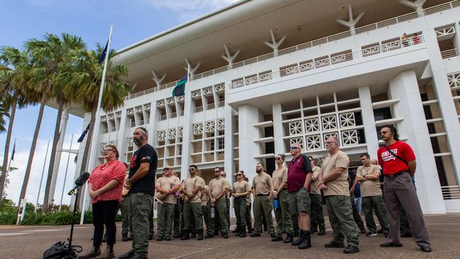 More than 40 Corrections officers and United Workers Union staff marched into the NT Parliament House on Tuesday February 11, 2025. Picture: Pema Tamang Pakhrin