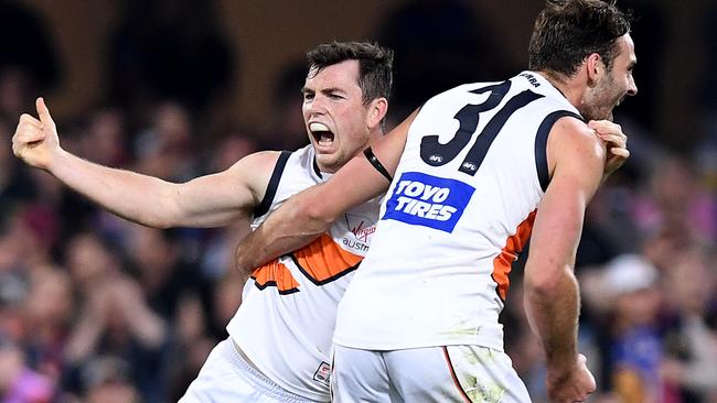 Brent Daniels celebrates after kicking the matchwinning goal for GWS.