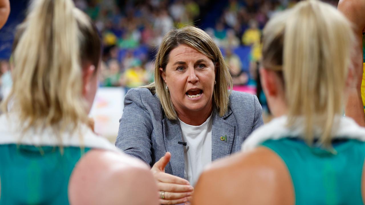 Stacey Marinkovich talks to the players during the third quarter on Sunday. Picture: Getty Images