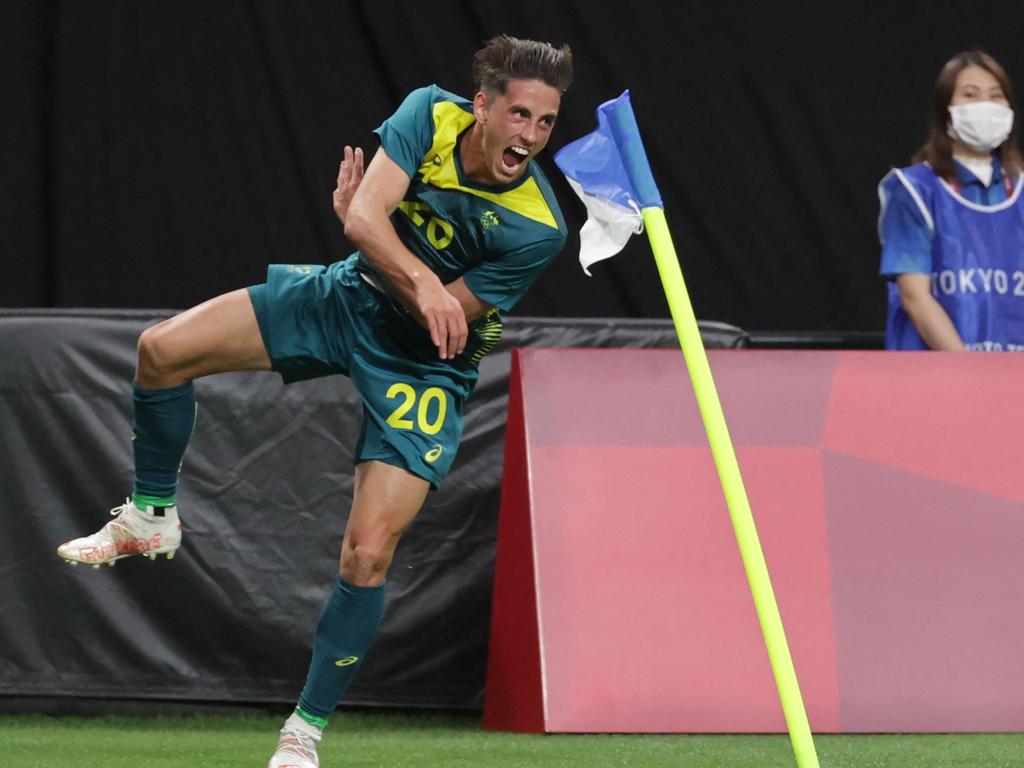 Australia's Lachie Wales celebrates after scoring the opening goal. Picture: AFP