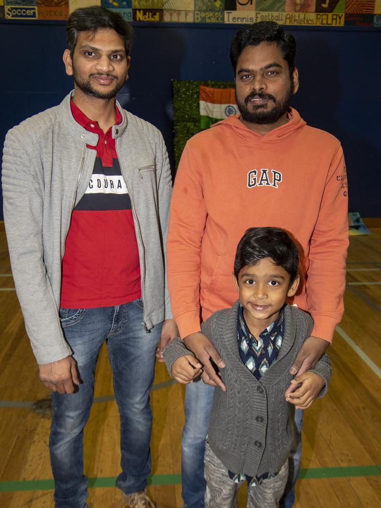 Rajkumar Bududutr ( left ) with Siva and Tanish Pilla at the Indian Independence Day celebrations. Saturday, August 21, 2021. Picture: Nev Madsen.