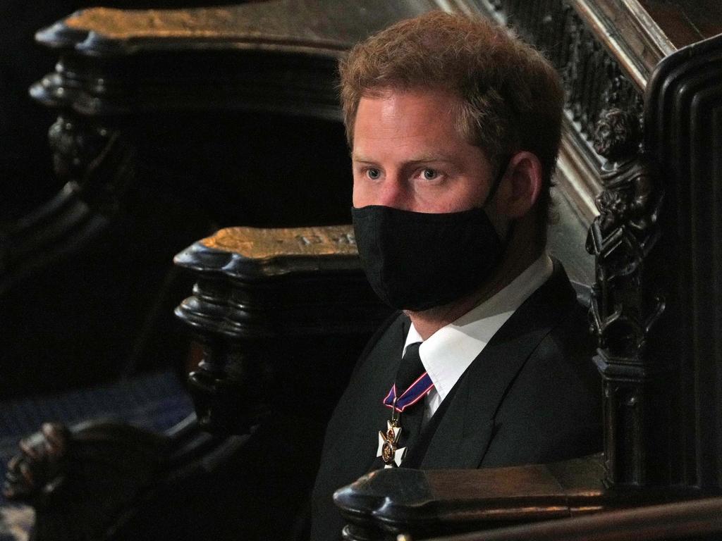 Prince Harry, Duke of Sussex attends the funeral of Prince Philip, Duke of Edinburgh in St George’s Chapel at Windsor Castle. Picture: Yui Mok