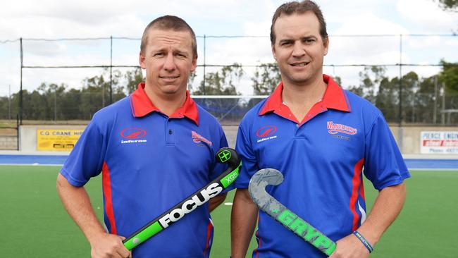 Aaron Harmsworth (left) and Andrew Landsberg were the only two players who featured in all 14 of Wanderers 14 straight premiership wins in the Rockhampton A-grade competition.