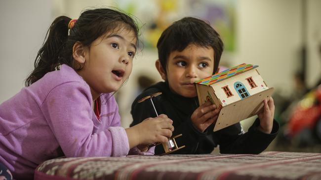 Armada Dandenong Plaza School Holiday Program. Free Spring themed craft activities. Vrinda Bhadndari (4) and Jayden (4 1/2). Picture: Valeriu Campan