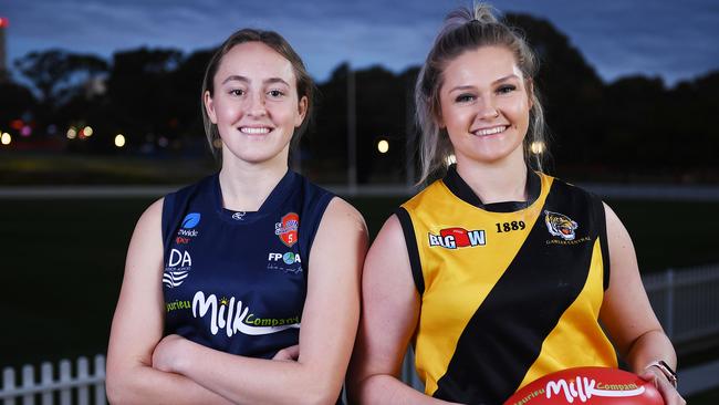 Lauren Clifton from Southern Districts and Tegan Nottle from the Centrals Zone who will playing in the Country Footy Championships at Victor Harbor next week pose for a preview photo at Karen Rolton Oval.Wednesday,June,30,2021.Picture Mark Brake