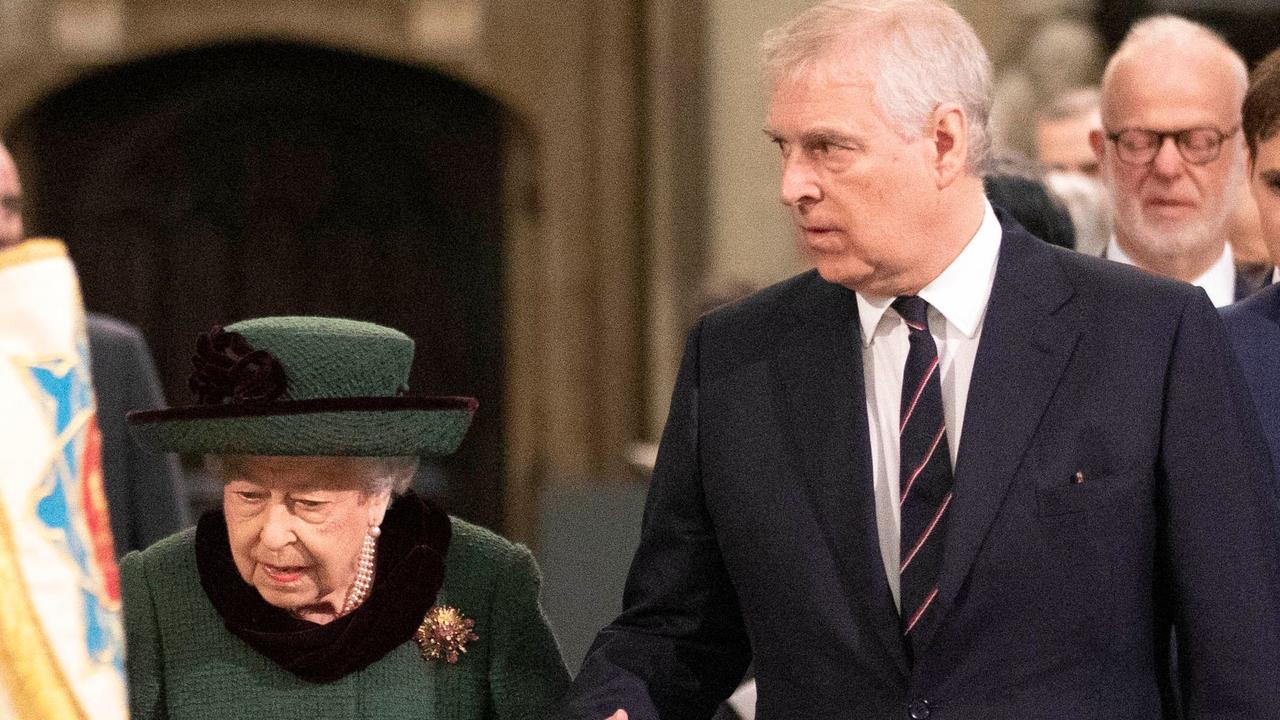 Queen Elizabeth and Prince Andrew arrive together at the Service of Thanksgiving for Britain’s Prince Philip, Duke of Edinburgh, at Westminster Abbey. Picture: Richard Pohle/AFP