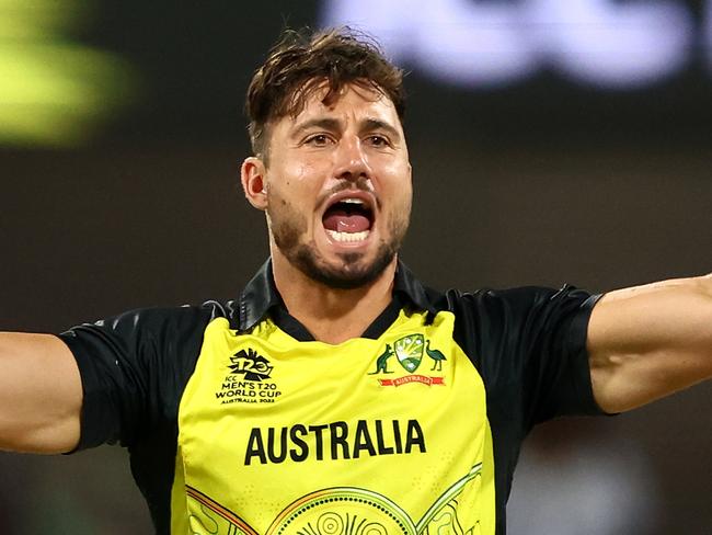 BRISBANE, AUSTRALIA - OCTOBER 31: Marcus Stoinis of Australia celebrates the wicket of Gareth Delany of Ireland for 14 runs during the ICC Men's T20 World Cup match between Australia and Ireland at The Gabba on October 31, 2022 in Brisbane, Australia. (Photo by Chris Hyde-ICC/ICC via Getty Images)