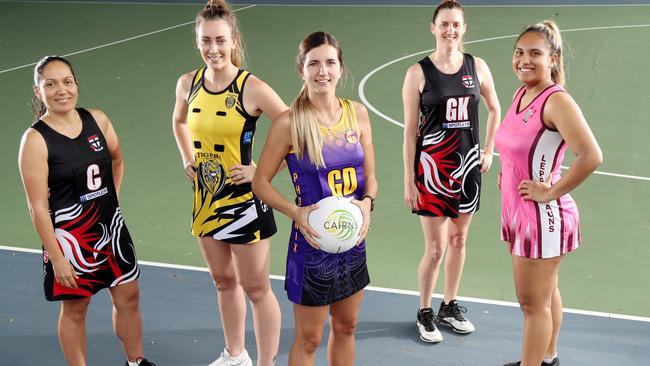 Cairns Netball Association Senior Division 1 players. Saints' Moera Blair, Tigers' Rachel Campion, Phoenix's Akayla Peterson, Saints' Amanda Cole and Leprechauns' Leeahna Ratima ready to play. PICTURE: STEWART McLEAN