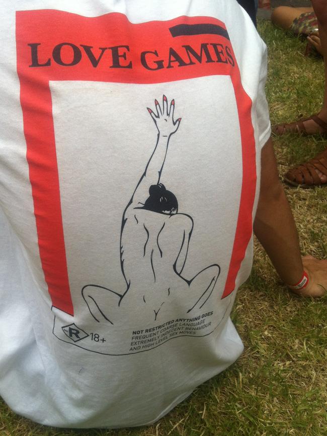 It’s here somewhere. A very cheeky t-shirt at Laneway Festival Melbourne.Pic: Mikey Cahill.