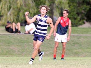 Round 6 QAFL game between Broadbeach and Surfers Paradise at Subaru Oval.Finn Brown celebrates after scoring a goal.2 May 2021 Mermaid Waters Picture by Richard Gosling