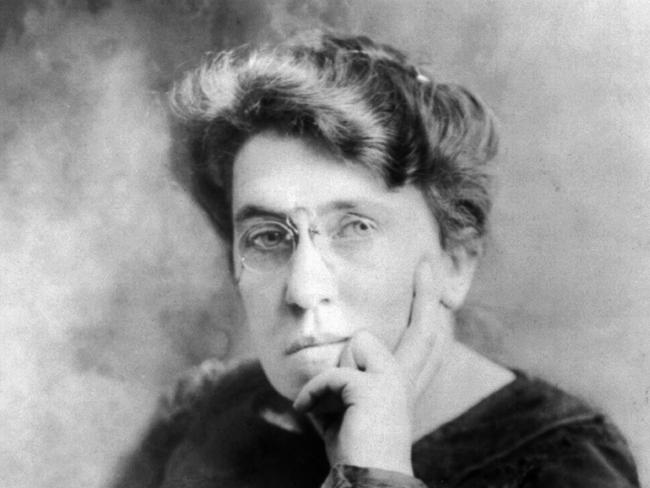 History: A 1911 image of Emma Goldman by T. Kajiwara, US Library of Congress. Public Domain