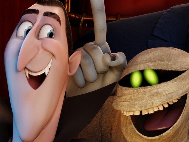 Dracula (Adam Sandler), Griffin the Invisible Man (David Spade), Murray the Mummy, Frank (Kevin James), Mavis (Selena Gomez), Wayne (Steve Buscemi) and Johnny (Andy Samberg) in Columbia Pictures' HOTEL TRANSYLVANIA 2.