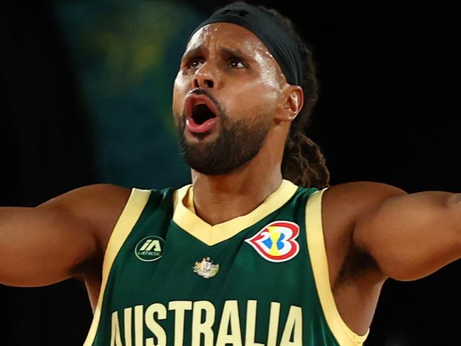 MELBOURNE, AUSTRALIA - AUGUST 14: Patty Mills of the Boomers reacts during the match between Australia Boomers and Venezuela at Rod Laver Arena on August 14, 2023 in Melbourne, Australia. (Photo by Graham Denholm/Getty Images)