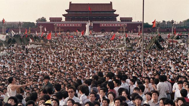 People gathered at Tiananmen Square on June 2, 1989 during a pro-democracy protest in Beijing. Picture: Catherine Henriette/AFP