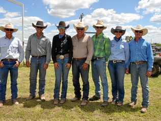 NOT THEIR FIRST RODEO: Clinicians Tony Mortimer, Nathan Wilson, Leah Read and Andrew Currie, with Monto Silver Buckle president Kevin Purcell and organisers Jody & Mick Southern. Picture: Mackenzie Colahan