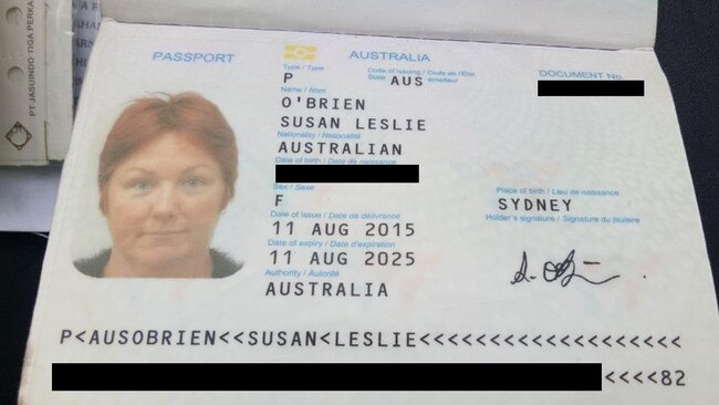 The passport belonging to Susan Leslie O’Brien, who is being held by Bali police. Picture: Supplied.