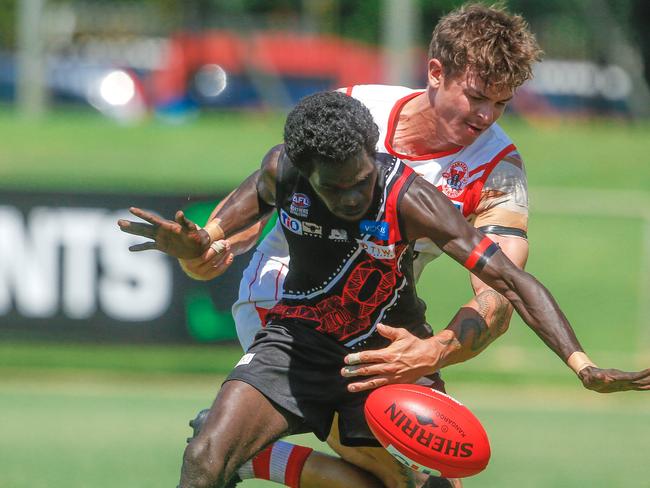 Cameron arnold and Slylvani Babui as NTFL Round 5 progresses with The  Tiwi Bombers v Waratahs.Picture GLENN CAMPBELL