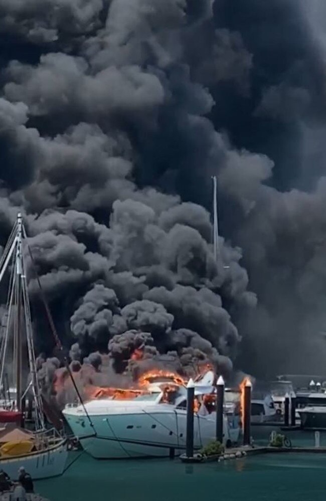 A yacht on fire at Hamilton Island. Photos: Facebook