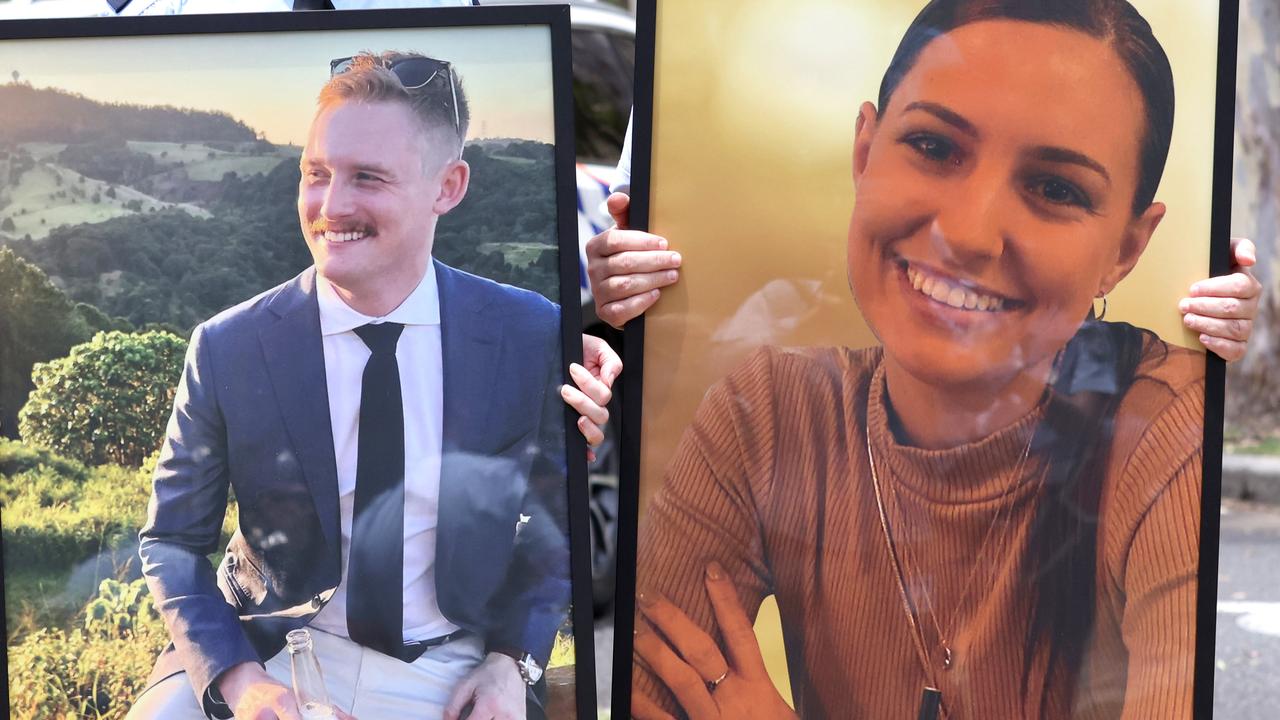 Photographs of Constables Matthew Arnold and Rachel McCrow displayed at the official police funeral. Picture: Steve Pohlner