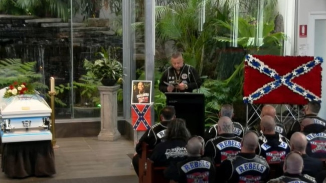 Rebels MC members attend the funeral of Bradley Daniele. Picture: Peter Elberg Funerals, Flinders Park