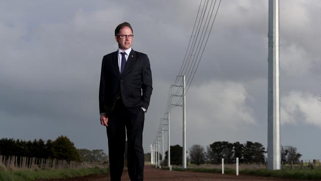 12/09/2018  Liberal MP Richard Riordan next to controversial power lines that run for 50km in the Mortlake area transmitting power from nearby wind farms.Picture : David Geraghty / The Australian.