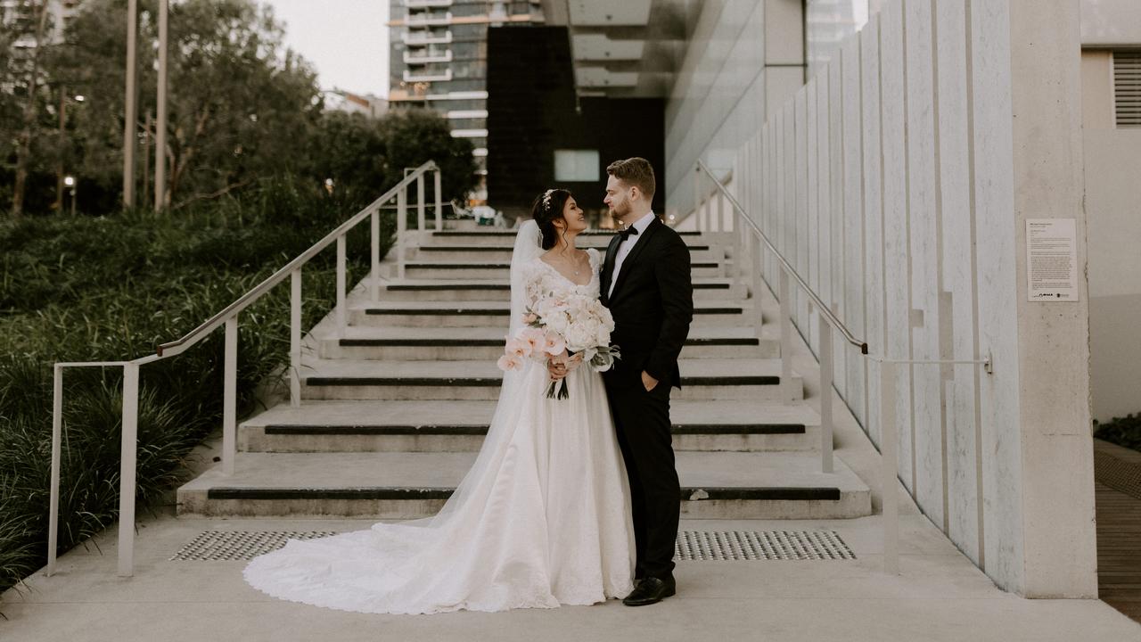 Jack and Fatya Hutchinson wed at GOMA and then held a reception at the Fortitude Music Hall in June, followed by a cultural ceremony in Bali. Picture: Janneke Storm