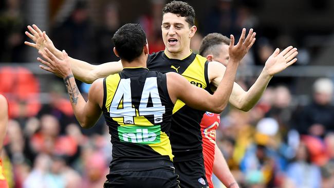 Jason Castagna celebrates a goal for the Tigers. Picture: Getty Images