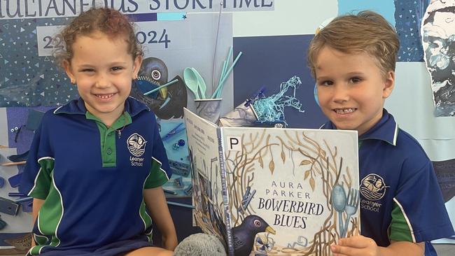 Leanyer School students Olivia McCue and Harrison Pigrim are reading Bowerbird Blues by Aura Parker as part of the National Simultaneous Storytime and Chief Minister's Reading Challenge in 2024.