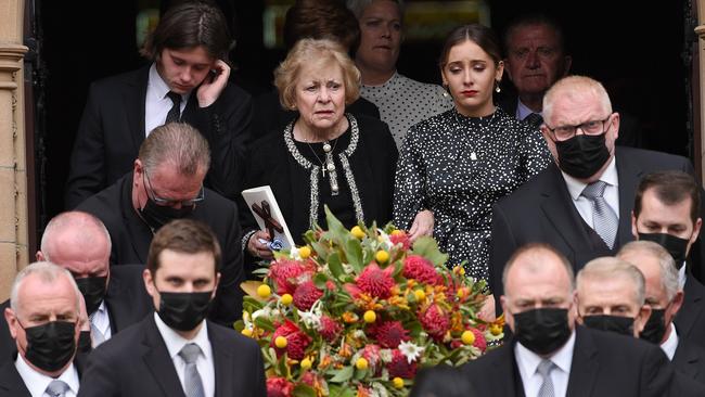 Colleen Fahey (centre) leaves the funeral mass. Picture: Bianca De Marchi/NCA NewsWire