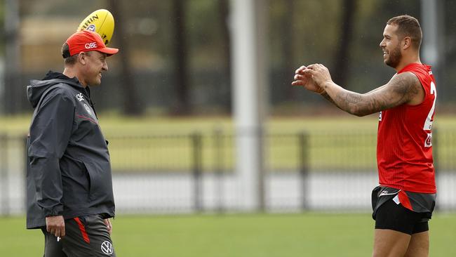 Coach John Longmire and Franklin at Swans training. Picture: Phil Hillyard