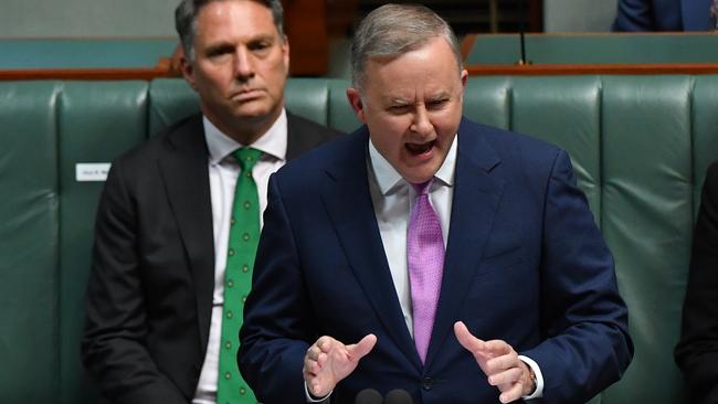 Opposition Leader Anthony Albanese during his budget reply speech on Thursday night. Picture: Getty Images