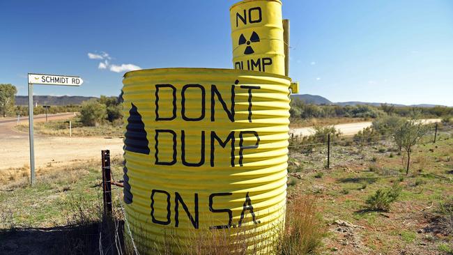 A painted anti-nuclear water tank in rural SA. The communities of Hawker and Kimba remain divided on the site selection for a new waste site. Picture: Tom Huntley