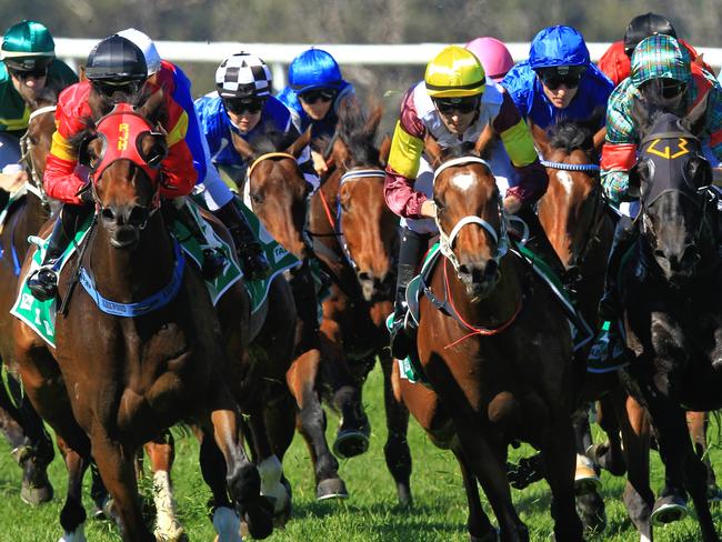 Loving home ridden by Tye Angland  (yellow cap, maroon with yellow armbands) wins race 1 during Scone  Races located in the Upper Hunter Region of NSW. The Bend . Pic Jenny Evans