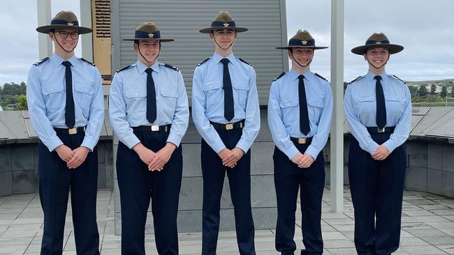 Members of 413 Squadron Australian Air Force: From left to right: Cadet Sergeant Cahill, Cadet Corporal Gardiner, Cadet Corporal Wellens, Cadet Corporal Zampichelli, Cadet Sergeant Sutcliffe. Picture: Jack Colantuono.