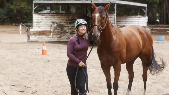 Tegan Keys track work rider with The Inevitable trained by John Keys that will run in the Thomas Lyons Stakes on Hobart Cup Day 2025. Picture: Nikki Davis-Jones