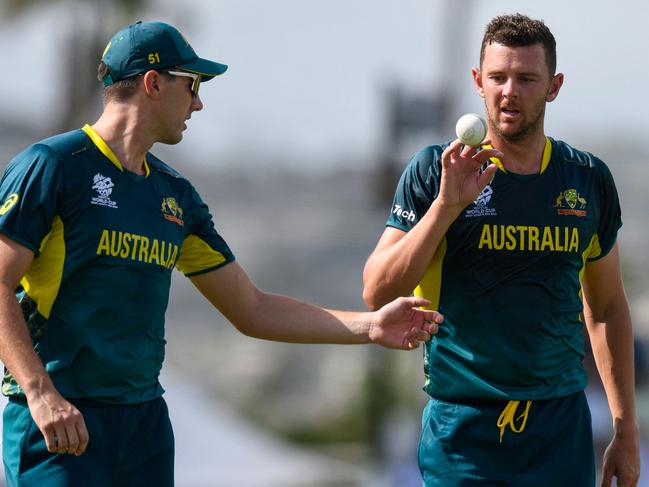 Pat Cummins says Josh Hazlewood’s comments earlier in the week on manipulating England’s World Cup exit were taken out of context. Picture: Randy Brooks / AFP