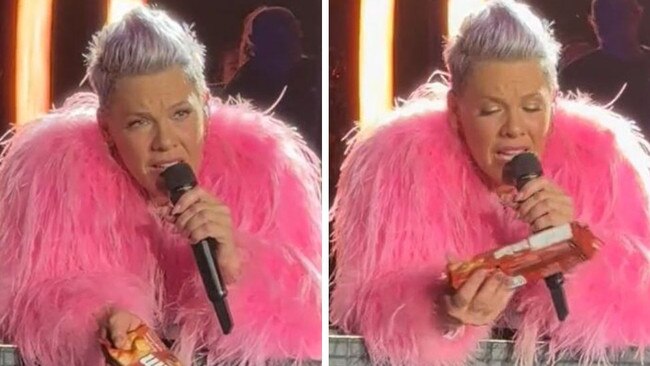 Pink given Tim Tams by fan at Melbourne show.