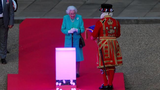 Queen Elizabeth II waits before the lighting of the Principal Platinum Jubilee Beacon at Windsor Castle. Picture: Getty Images