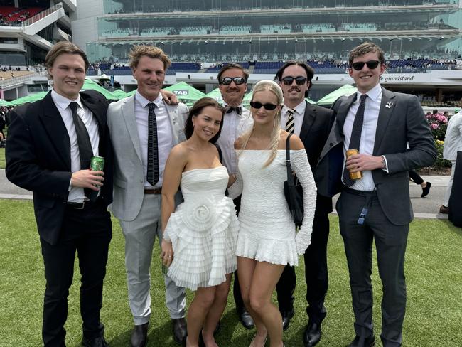 Kieren Dyer, Koby Thomson, Lucy Demunck, Ben Murphy, Eliza Leydin, Tom Spencer and Ollie Hamilton at Flemington for Derby Day on November 2, 2024. Picture: Phillippa Butt