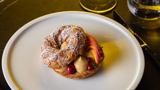 The Paris Brest dessert with Adelaide Hills Peaches, goat’s yoghurt creme aux, caramalised milk.