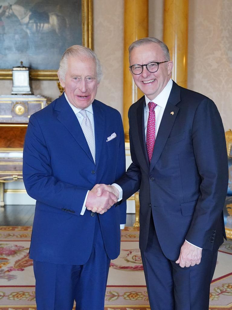 King Charles III hosts an Audience with the Australian Prime Minister Anthony Albanese at Buckingham Palace. Picture: Getty Images