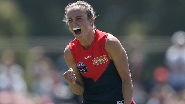 Melbourne captain Daisy Pearce celebrates on the siren. Picture: Wayne Ludbey