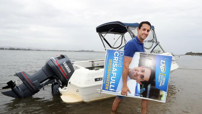 David Crisafulli election campaigning by hopping on a boat and heading over to South Straddie to doorknock the 12 residents who live there. Picture: Richard Gosling.